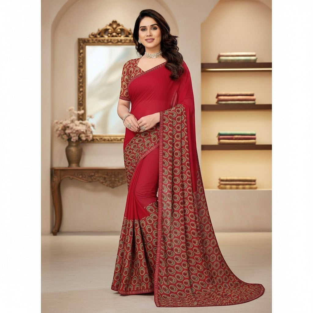 AANCHAL women's red georgette printed saree with an unstitched blouse. Features a paisley-like border pattern.