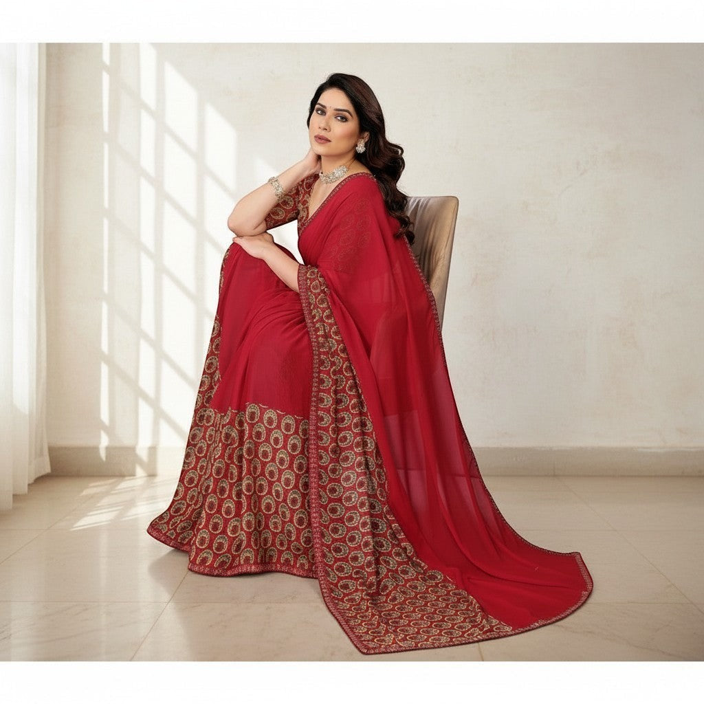 AANCHAL red georgette printed saree with unstitched blouse, featuring a paisley border and intricate patterns. Model seated.