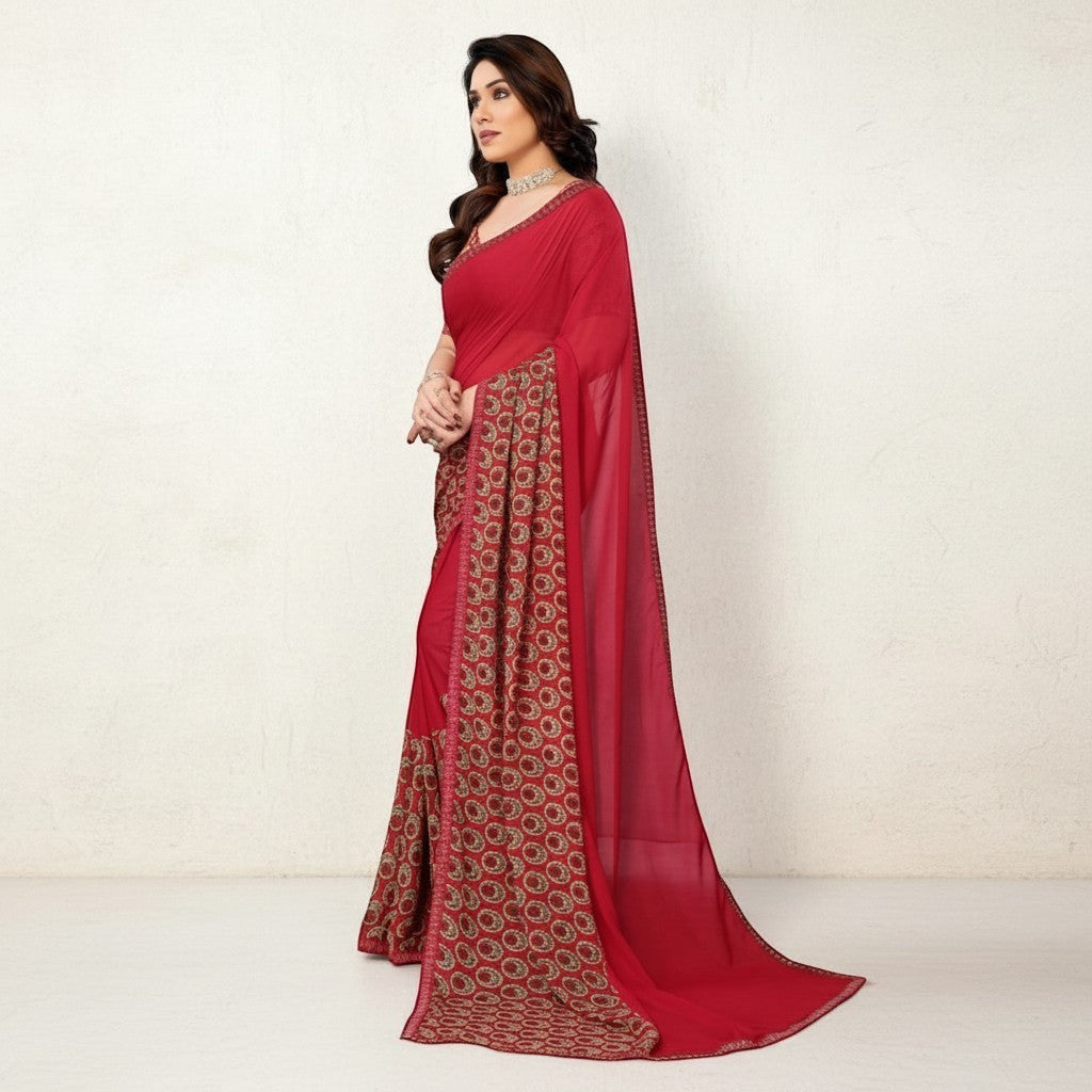 AANCHAL red georgette printed saree with an unstitched blouse. The saree features a circular pattern along the border.