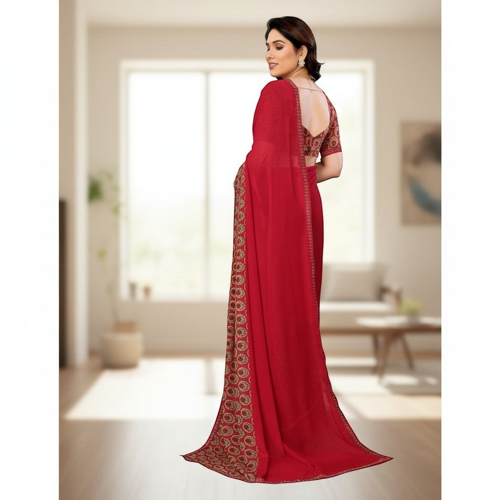 AANCHAL red georgette printed saree with gold embroidered border and matching unstitched blouse.